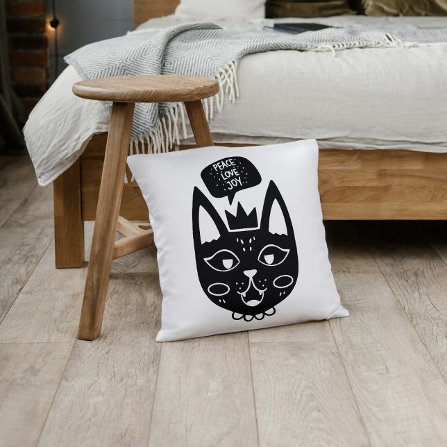 Almofada Alegria de Amor de Paz Negra e Branca, Pensada por (Black and White Peace Love Joy Cat-Themed Throw Pillow)
