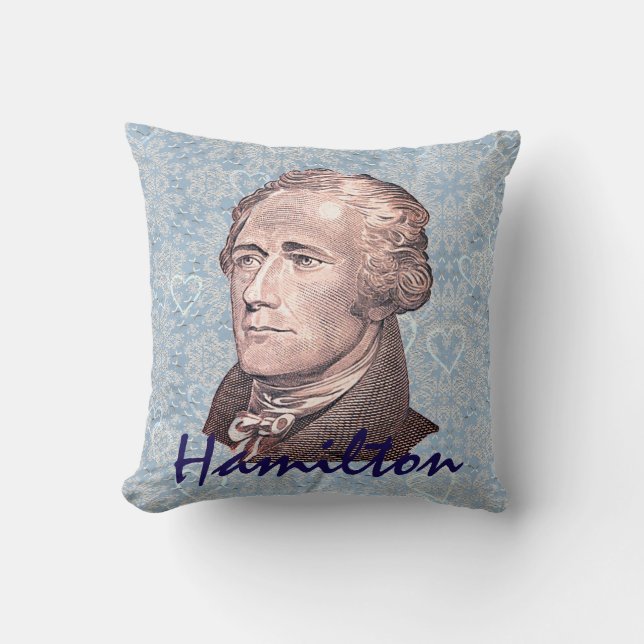 Almofada Alexander Hamilton sobre fundo azul de renda e cor (Frente)
