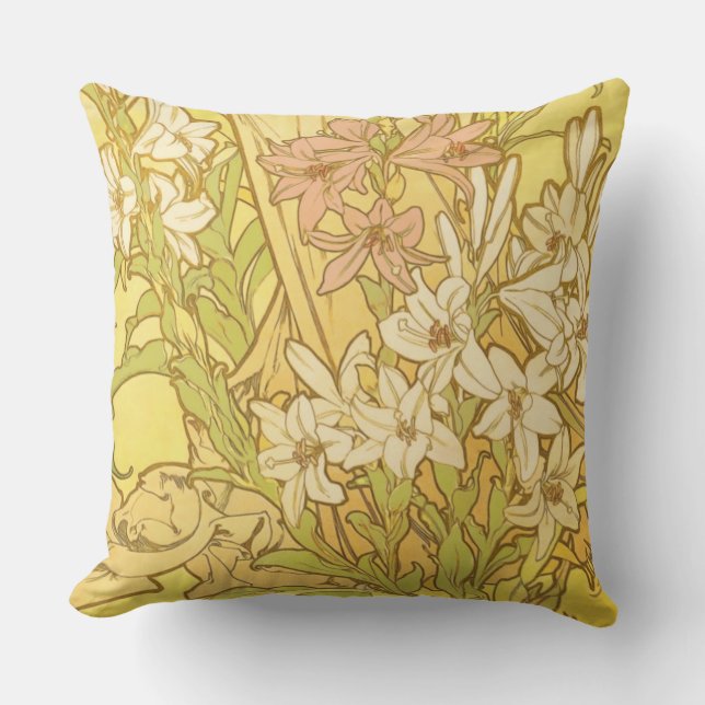 Almofada Alfonse Mucha Art Nouveau Lily Flores (Frente)