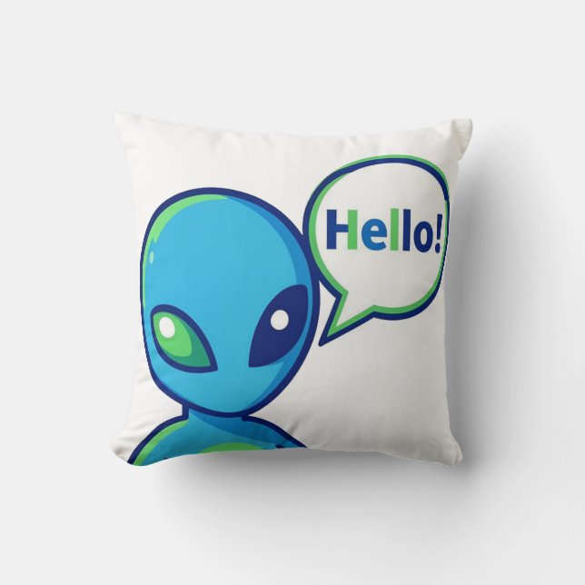 Almofada Alienígena Azul Fofo Dizendo Olá (Frente)