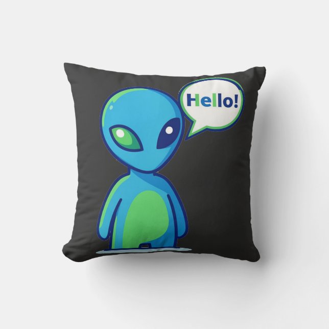 Almofada Alienígena Azul Fofo Dizendo Olá (Frente)