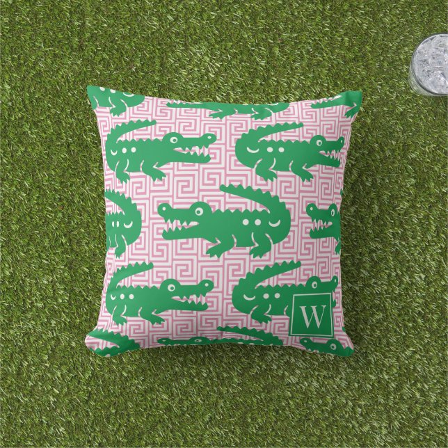 Almofada  Alligator Greek Key- Pink & Green Monogram (Grama)