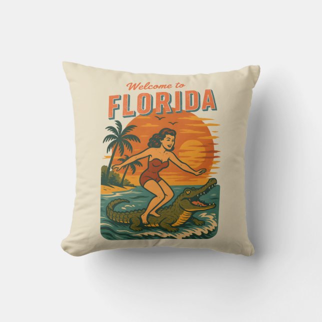 Almofada Alligator Surfing Beach Pin-up | Retro Coastal Art (Frente)