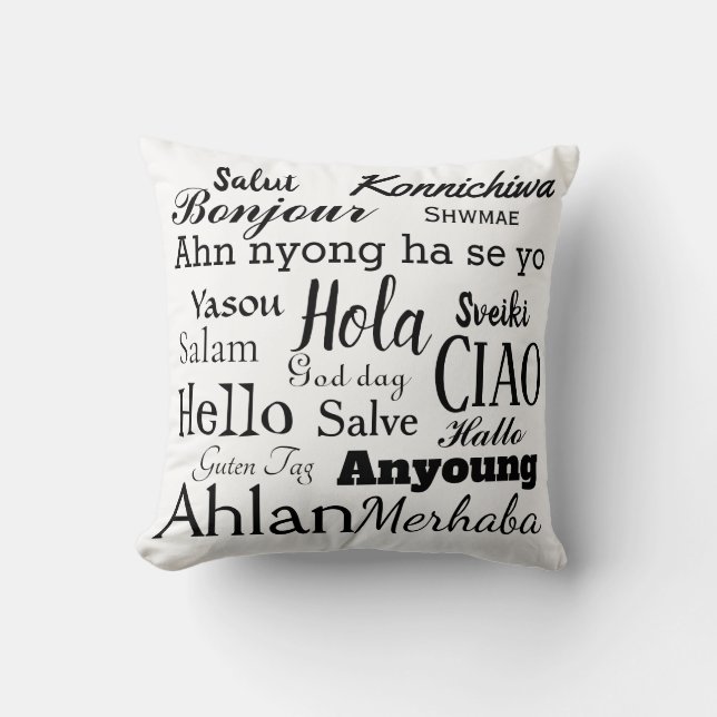 Almofada Alô em Diferentes Idiomas Arte com Palavras Almofa (Frente)