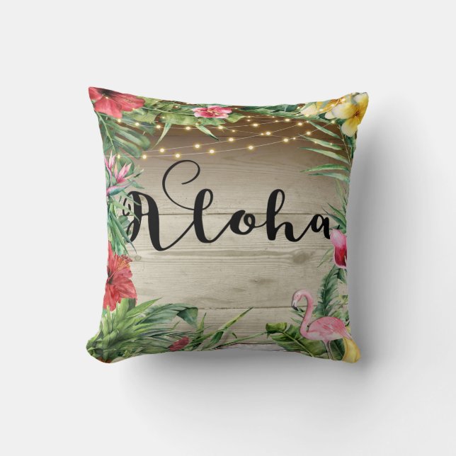 Almofada Aloha Madeira Tropical Floral Folhas & Luzes Chic (Frente)