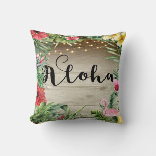 Almofada Aloha Madeira Tropical Folhas Florais e Luzes Chic