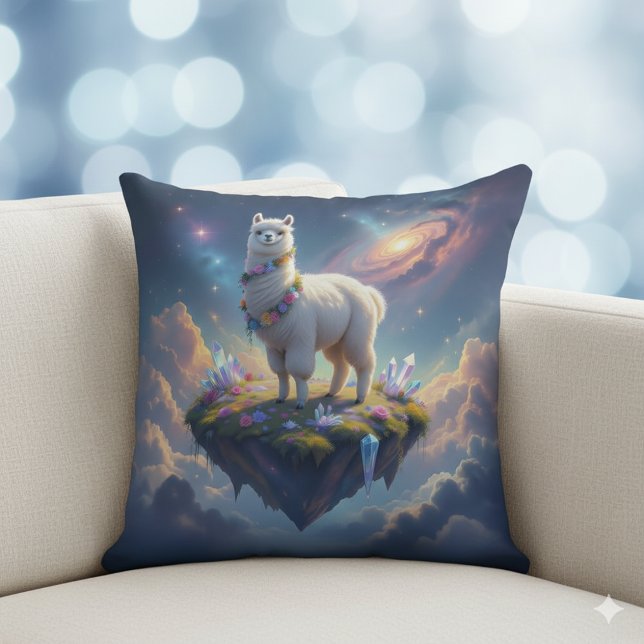 Almofada Alpaca bonito numa ilha flutuante no céu (Alpaca on Floating Island in the Night Skies Throw Pillow Cover Photo)