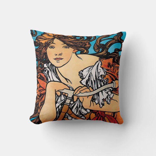Almofada Alphonse Mucha - Cycles Perfecta Arte Novo Retrô (Frente)