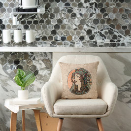 Almofada Alphonse Mucha Vintage Mulher com Headdress Verde