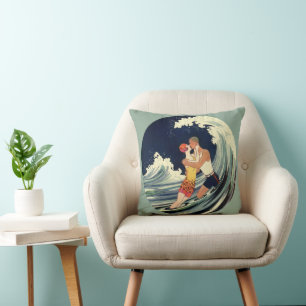 Almofada Amantes do Art Déco Vintage se beijam nas ondas da