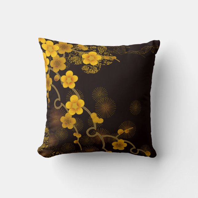 Almofada Amarelo dourado da arte japonesa & profundamente - (Frente)