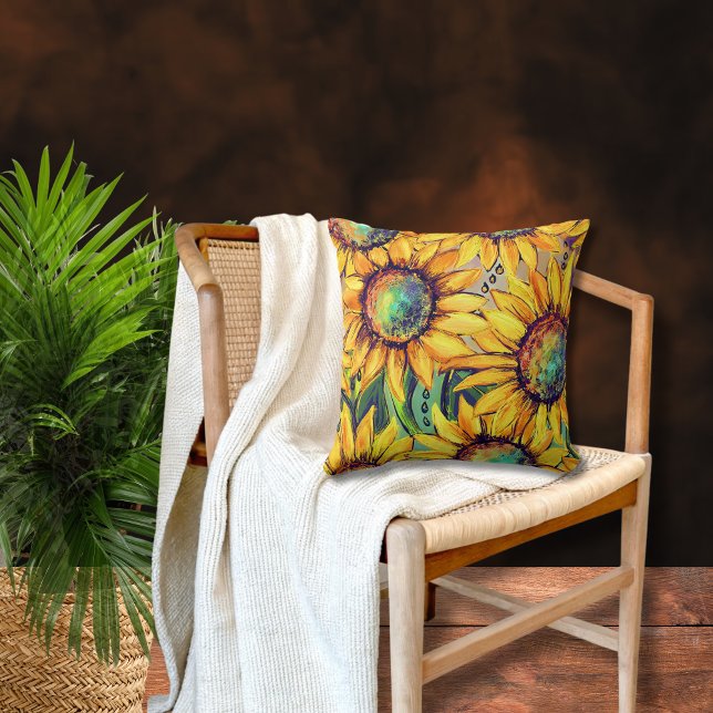 Almofada Amarelo-girassol azul (Sunflower Yellow Blue Throw Pillow)