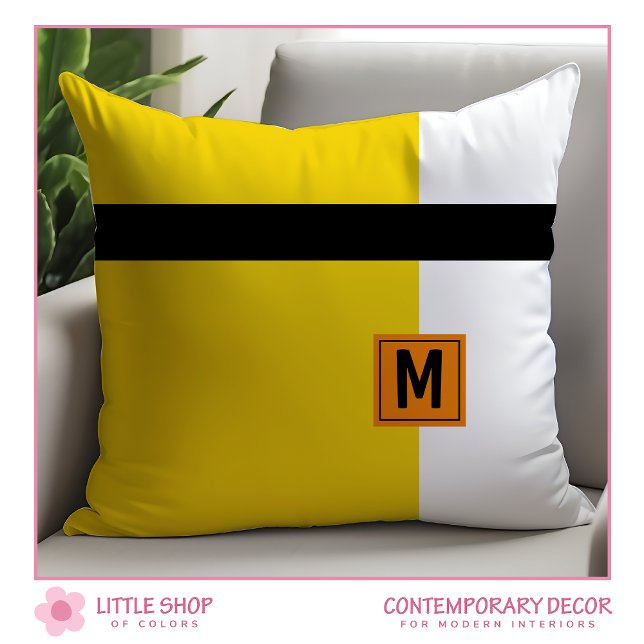 Almofada Amarelo Moderno Bloco de Cor Preto Monograma (Criador carregado)