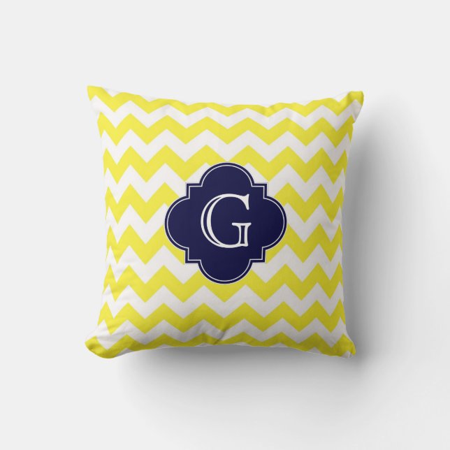 Almofada Amarelo Quevron Branco Azul Navy Monograma Quatref (Frente)