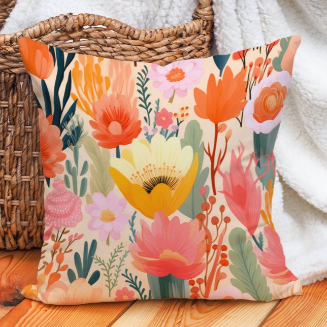 Almofada Amarelo Rosa Coral Creme Floral  (Yellow Pink Coral Cream Floral Throw Pillow)