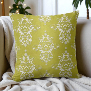 Almofada Amarelo Verde Vitoriano Floral Damasco Retro