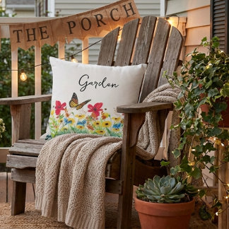 Almofada Amarelo Vermelho e Azul Floral com Borboleta