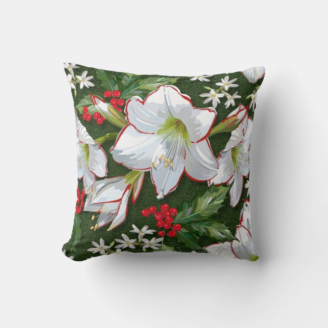 Almofada Amaryllis de Natal Festivo + Holly Patterno (Frente)
