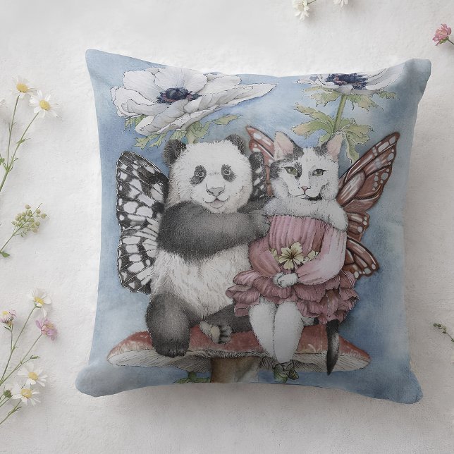 Almofada Amigos Fadas Panda e Gato com Flores de Anêmona (Criador carregado)
