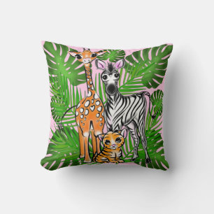 Almofada Amigos Safari, girafa, zebra, tigre, folhas de pal