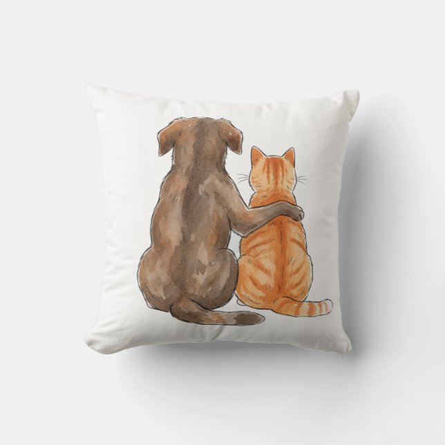Almofada Amizade de Cachorro e Gato Aquarela (Frente)