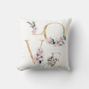 Almofada Amor à letra dourada com flores magnólia