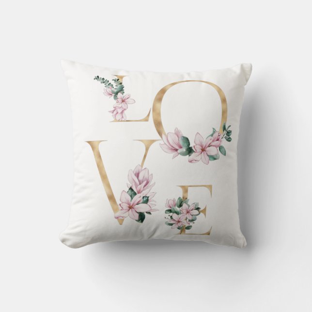 Almofada Amor à letra dourada com flores magnólia (Frente)