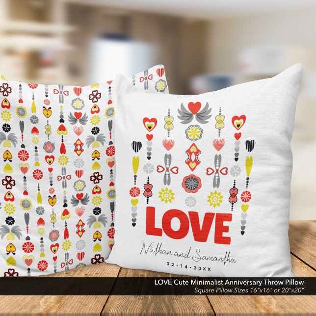 Almofada AMOR Aniversário Minimalista Fofo (LOVE Cute Minimalist Throw Pillow with Hearts & Flowers: Customize Your Names & Anniversary Date.
)