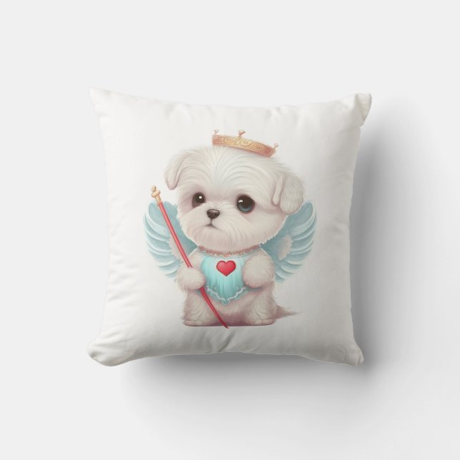 Almofada Amor Celestial: Cachorro Maltês Bonito Anjo (Frente)