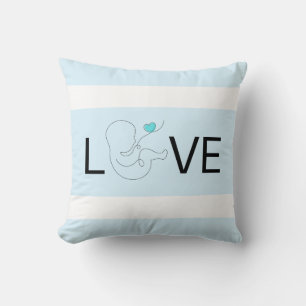 Almofada Amor, listras brancas, guião bebê com coração azul