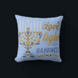 Almofada Amor, Luz e Felicidade Hanukkah<br><div class="desc">Travesseiro decorativo de Amor,  Luz e Felicidade Menorah Hanukkah</div>