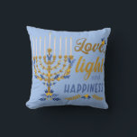 Almofada Amor, Luz e Felicidade Hanukkah<br><div class="desc">Travesseiro decorativo de Amor,  Luz e Felicidade Menorah Hanukkah</div>