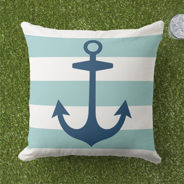 Almofada Âncora Azul Marinho Náutica com Stripes Aqua (Grama)