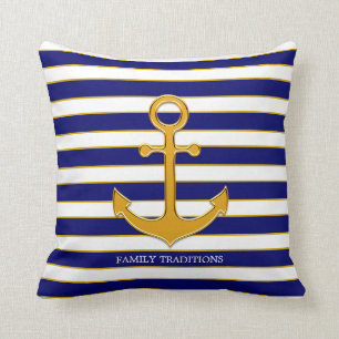 Almofada Âncora Dourada Família Náutica em Azul Marinho e B
