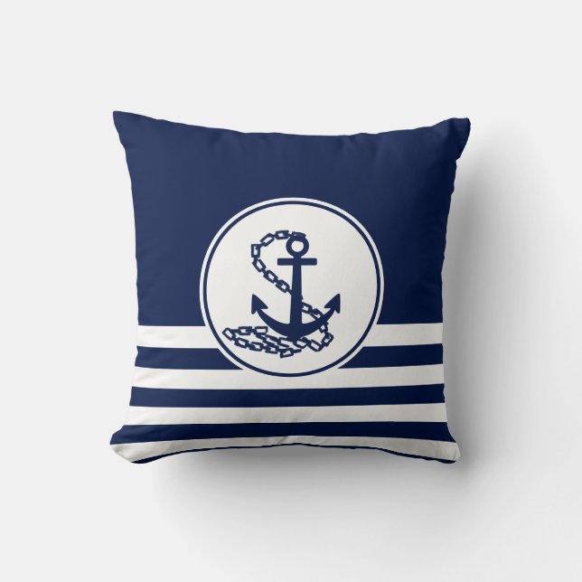 Almofada Âncora Elegante de Estilo Marítimo Branco e Azul (Frente)