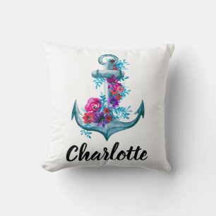 Almofada Âncora floral náutica personalizada da aguarela