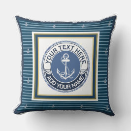 Almofada Âncora Listrada de Azul Marinho e Branco com Nome