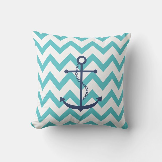 Almofada Âncora marinho azul com padrão Aqua Chevron (Frente)