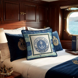 Almofada Âncora Náutica & Monograma de Conchas Azul Marinho