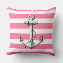 Almofada Âncora sobre o padrão de faixa cor-de-rosa náutica
