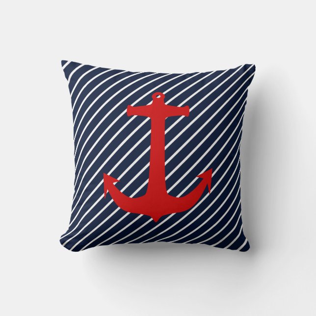 Almofada Âncora Vermelha com Faixa Diagonal Azul Marinho Ná (Frente)