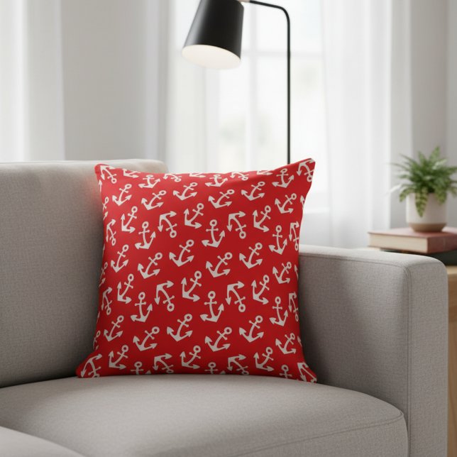 Almofada Âncoras Vermelhas e Brancas Lindas Náuticas Grande (Red and white anchors large cotton pillow.)