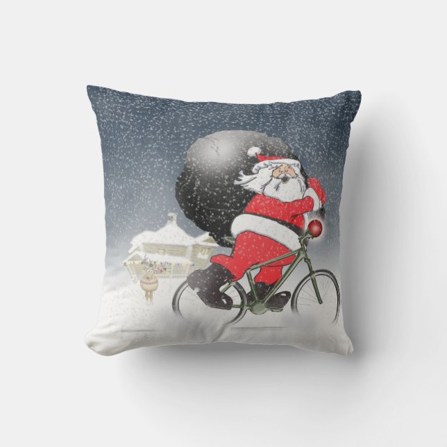 Almofada Andando de bicicleta do papai noel com saco e (Frente)