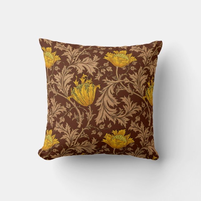 Almofada Anêmona William Morris, Marrom e Dourado Mostarda (Frente)