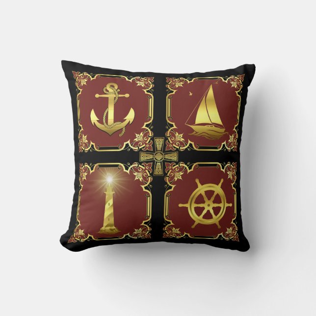 Almofada Ângulo náutico/vela/roda/farol/ouro/vermelho (Frente)