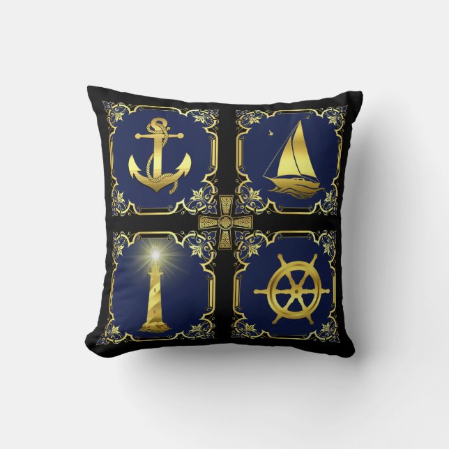 Almofada Ângulo náutico/veleiro/roda/farol ouro/blu (Frente)