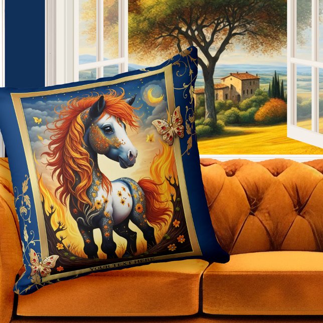 Almofada Animais Coloridos de Cavalo Artístico Whimsical (Pillow featuring a whimsical painting of a colorful cute horse at night, with butterfly friends)