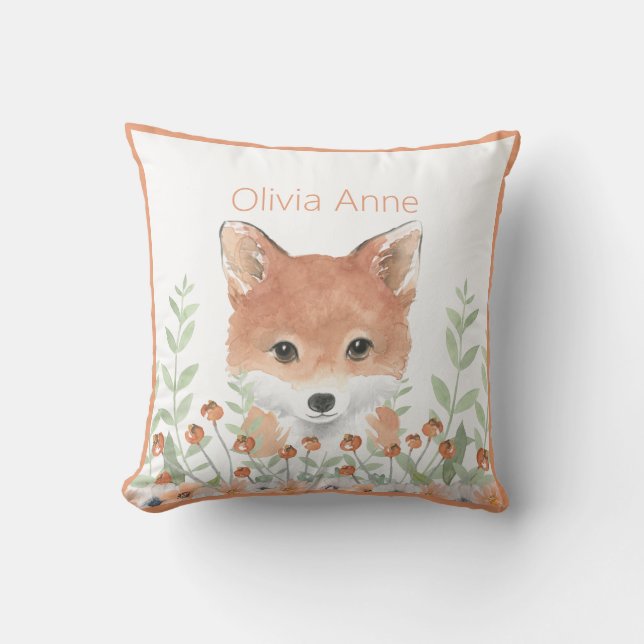 Almofada Animais da Floresta Aquarela Verde Moderno Nome (Frente)