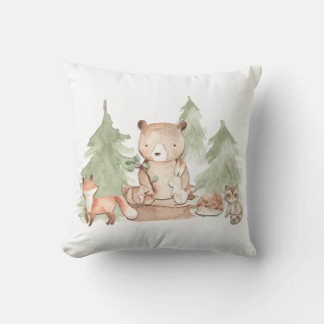 Almofada Animais da Floresta de Madeira em Aquarela Quarto  (Frente)