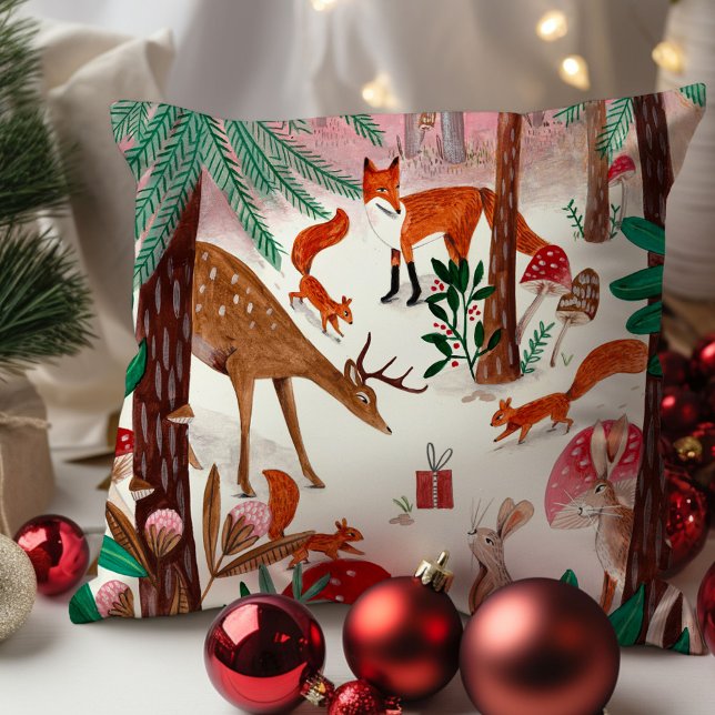 Almofada Animais fofos da floresta floresta rosa e verde (Cute Woodland animals pink and green forest Throw Pillow)